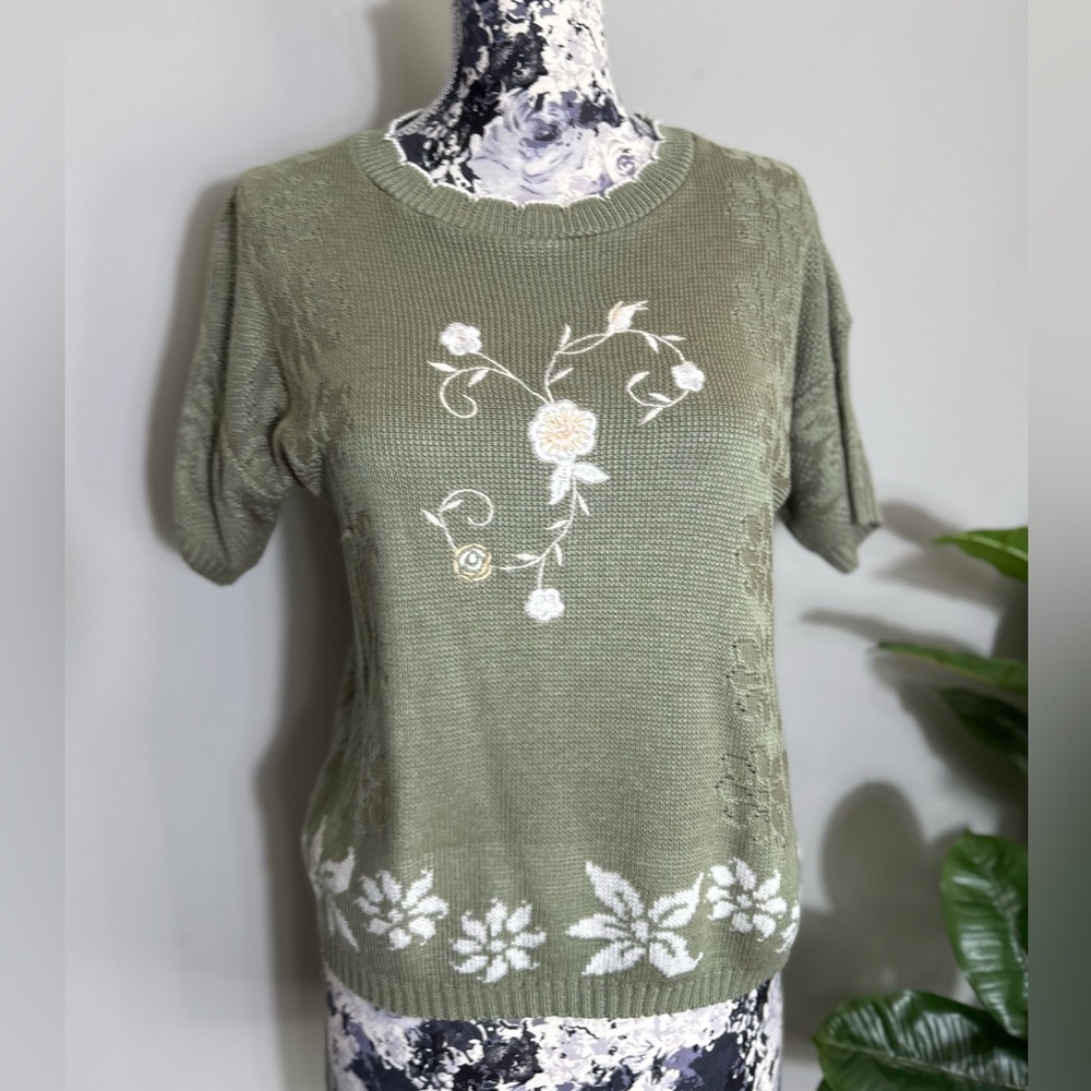 Vintage Olive Knit Sweater with White floral Accents
